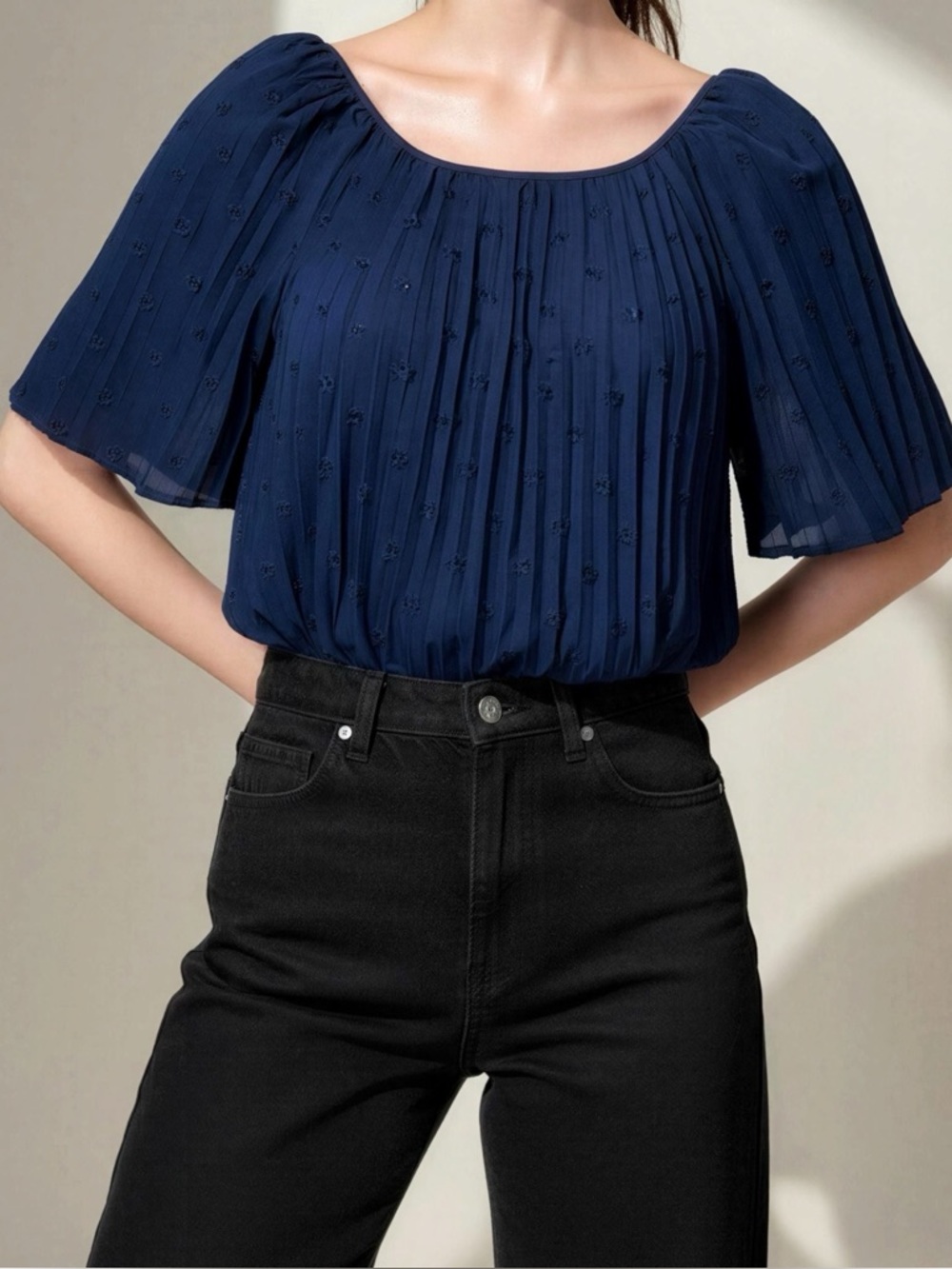SÉZANE Romy Embroidered Pleated Blouse, Navy, FR36/US4